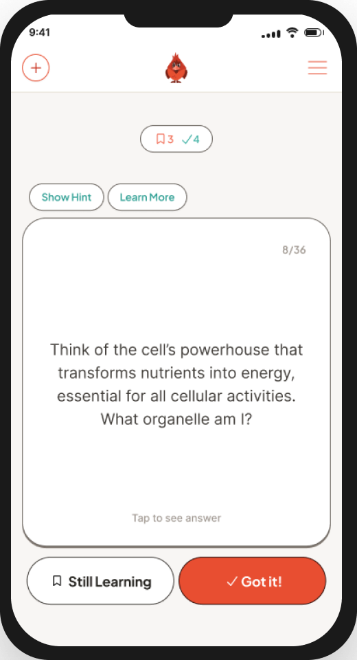 A Cardinal flashcard on a phone, with Still Learning and Got it buttons
