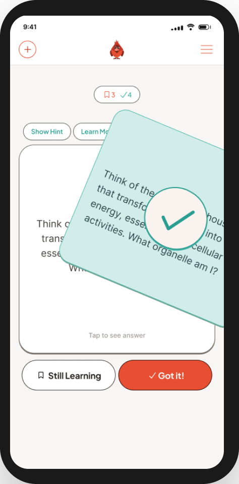 The same flashcard being swiped away as known